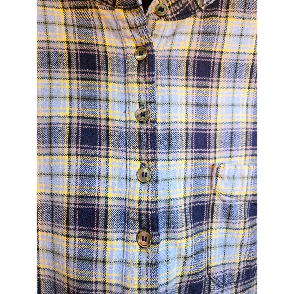 PJK Blue Label Womens L Cozy Plaid Flannel Henley Tunic Shirt Blue Yellow Ombre